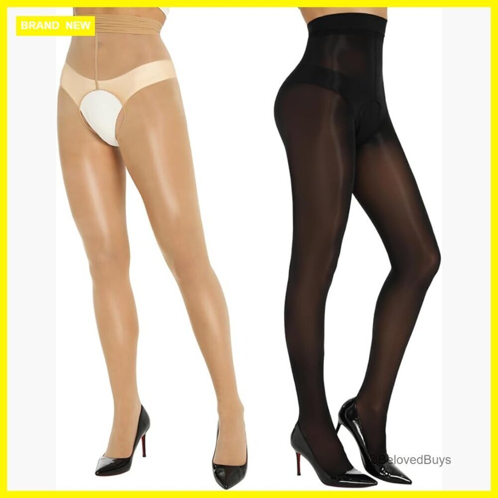 Shiny Sheer Tights Open Crotch High Waist Shimmery Nylons 2 Pairs